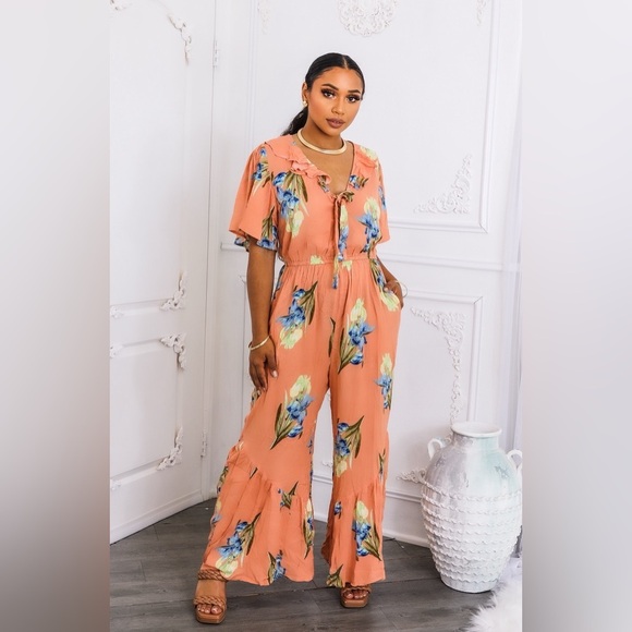 Floral Peach Jumpsuit - Picture 1 of 5